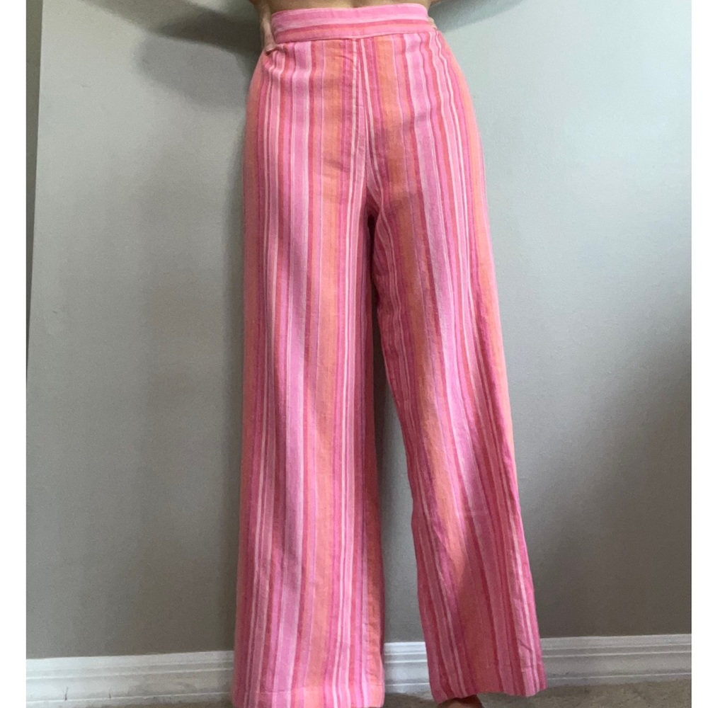 Linen Isaac Mizrahi Pink Striped Wide Leg Beach Pants
